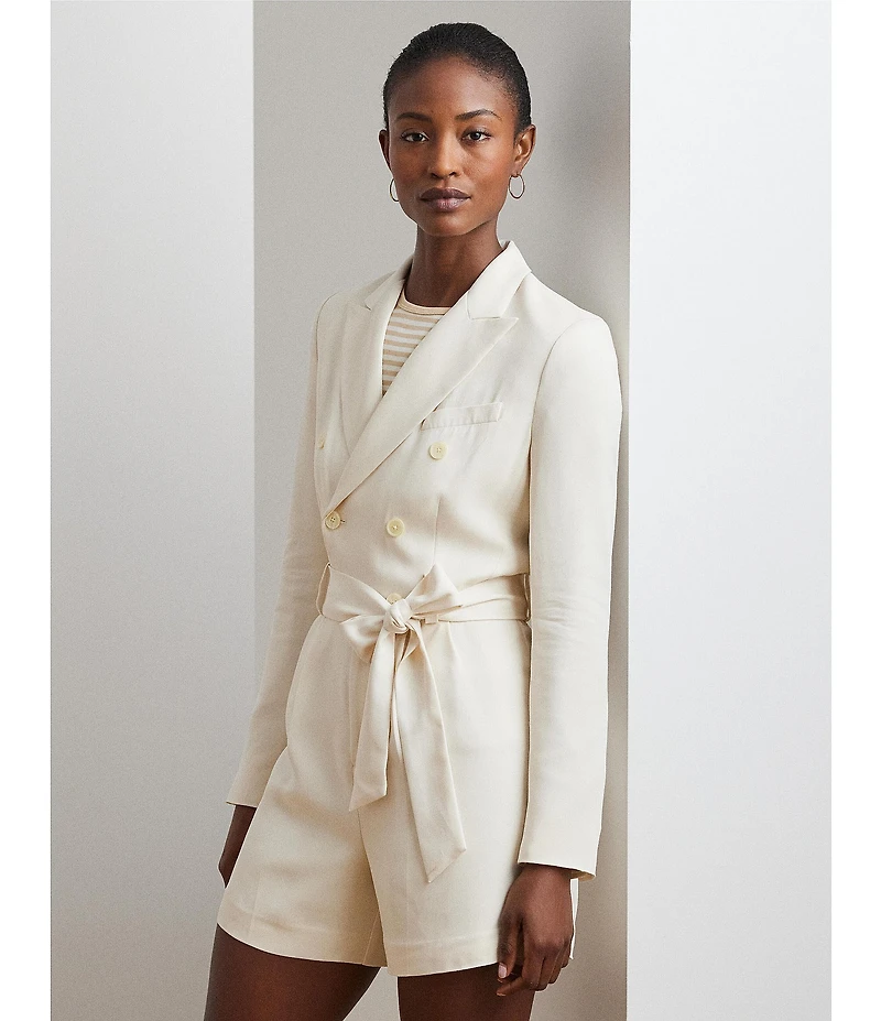 Lauren Ralph Lauren Stretch Peak Lapel Collar Long Sleeves Belted Double-Breasted Romper