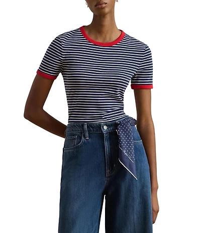 Lauren Ralph Lauren Stretch Rib Knit Striped Cotton Tee