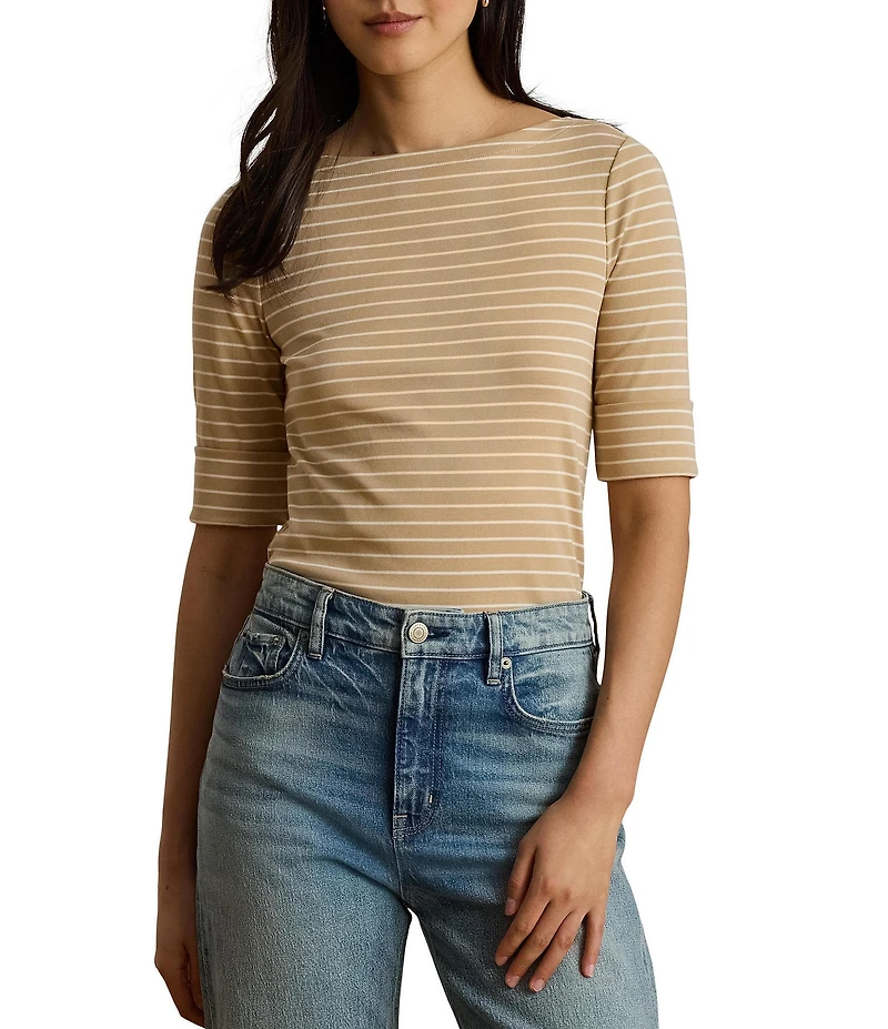 Lauren Ralph Lauren Stretch Ribbed Knit Boat Neck 3/4 Sleeve Top