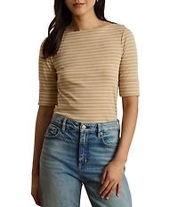 Lauren Ralph Lauren Stretch Ribbed Knit Boat Neck 3/4 Sleeve Top
