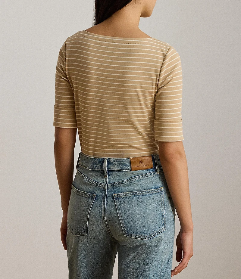Lauren Ralph Lauren Stretch Ribbed Knit Boat Neck 3/4 Sleeve Top