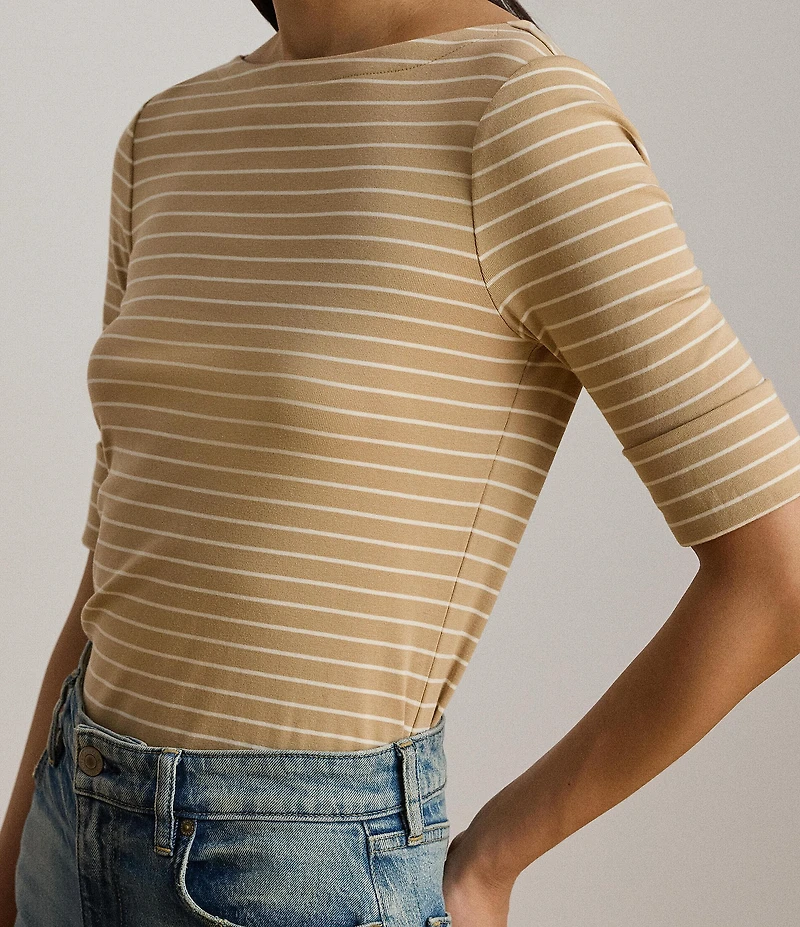Lauren Ralph Lauren Stretch Ribbed Knit Boat Neck 3/4 Sleeve Top