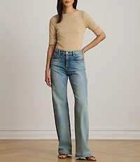 Lauren Ralph Lauren Stretch Ribbed Knit Boat Neck 3/4 Sleeve Top