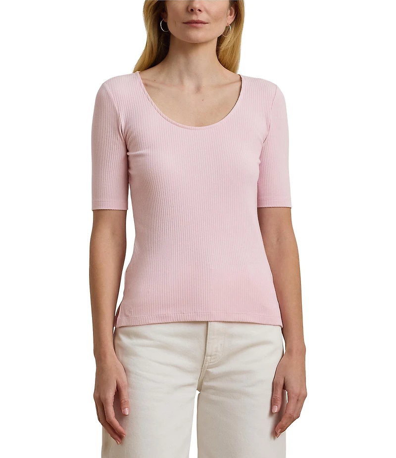 Lauren Ralph Lauren Cotton Blend Rib-Knit Scoop Neck Elbow Sleeve Tee