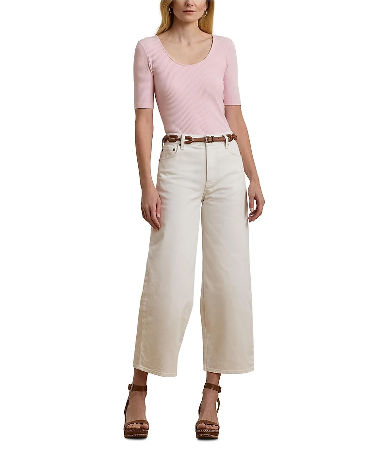 Lauren Ralph Lauren Cotton Blend Rib-Knit Scoop Neck Elbow Sleeve Tee
