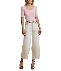 Lauren Ralph Lauren Cotton Blend Rib-Knit Scoop Neck Elbow Sleeve Tee