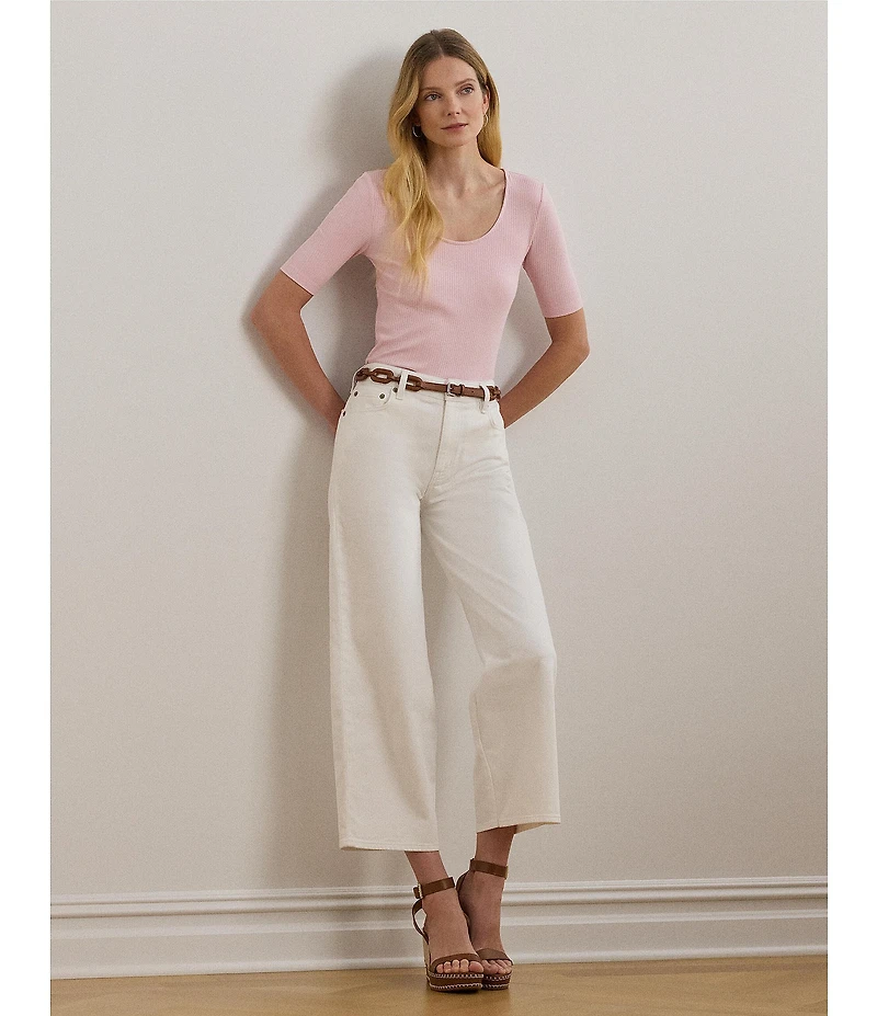 Lauren Ralph Lauren Cotton Blend Rib-Knit Scoop Neck Elbow Sleeve Tee