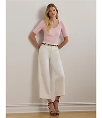 Lauren Ralph Lauren Cotton Blend Rib-Knit Scoop Neck Elbow Sleeve Tee