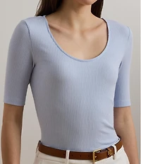 Lauren Ralph Lauren Cotton Blend Rib-Knit Scoop Neck Elbow Sleeve Tee