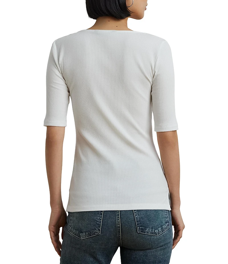 Lauren Ralph Lauren Cotton Blend Rib-Knit Scoop Neck Elbow Sleeve Tee
