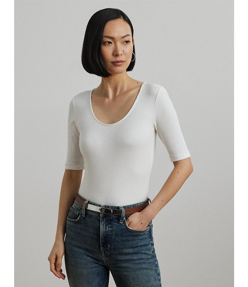 Lauren Ralph Lauren Cotton Blend Rib-Knit Scoop Neck Elbow Sleeve Tee