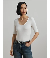Lauren Ralph Lauren Cotton Blend Rib-Knit Scoop Neck Elbow Sleeve Tee