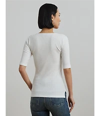 Lauren Ralph Lauren Cotton Blend Rib-Knit Scoop Neck Elbow Sleeve Tee
