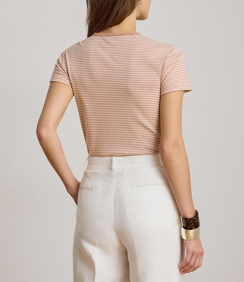 Lauren Ralph Lauren Stretch Ribbed Knit Stripe Crew Neck Short Sleeve Tee Shirt