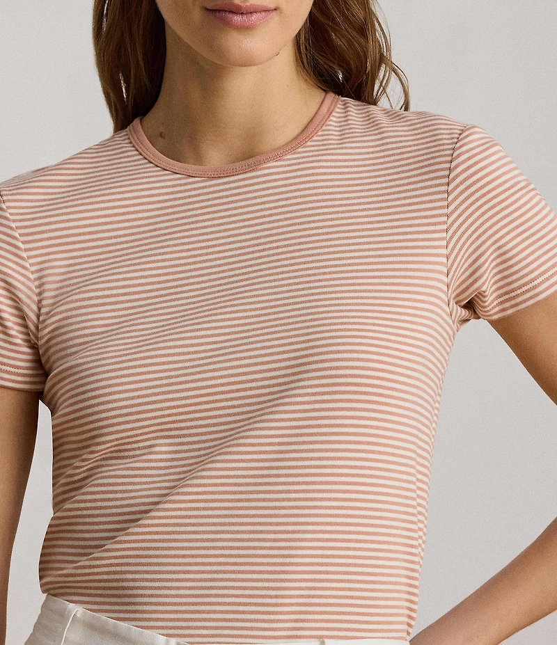 Lauren Ralph Lauren Stretch Ribbed Knit Stripe Crew Neck Short Sleeve Tee Shirt