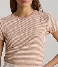 Lauren Ralph Lauren Stretch Ribbed Knit Stripe Crew Neck Short Sleeve Tee Shirt