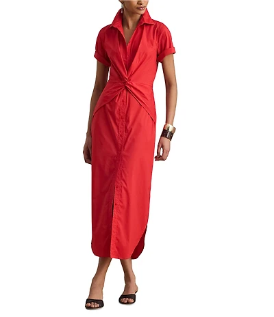 Lauren Ralph Lauren Stretch Silky Cotton Point Collar Short Sleeve Midi Shirtdress