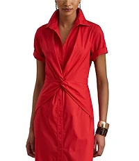 Lauren Ralph Lauren Stretch Silky Cotton Point Collar Short Sleeve Midi Shirtdress