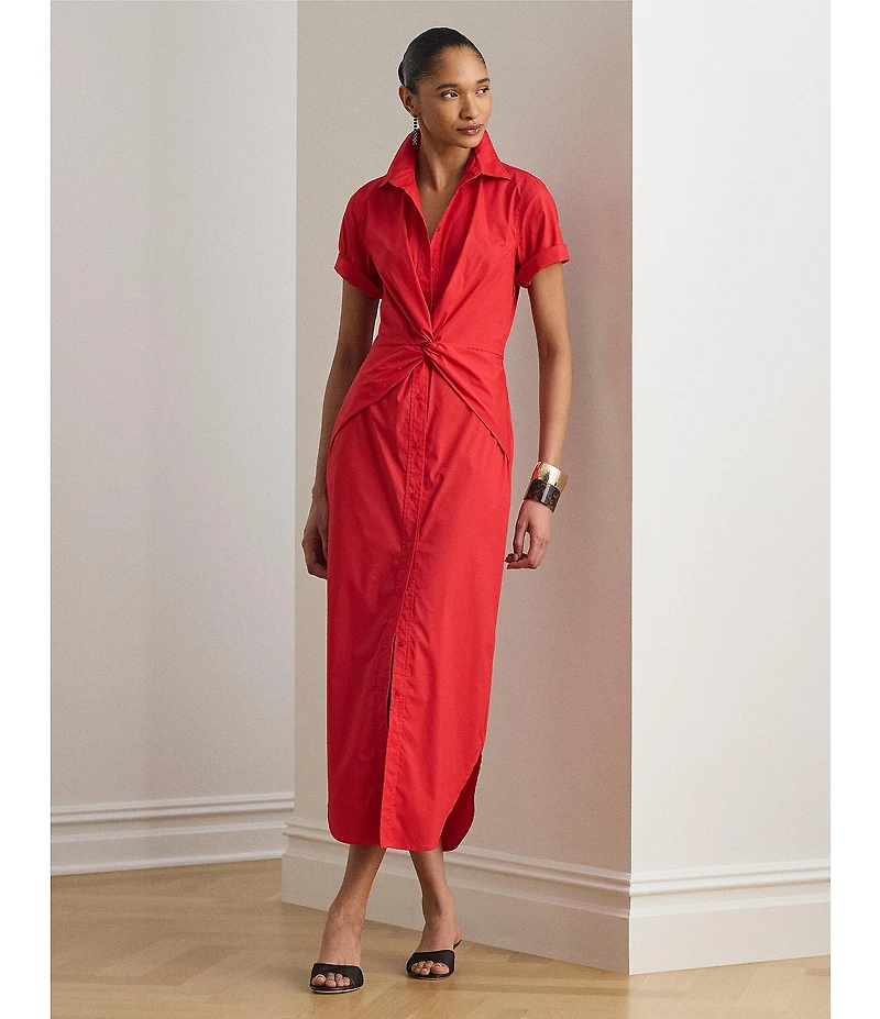 Lauren Ralph Lauren Stretch Silky Cotton Point Collar Short Sleeve Midi Shirtdress