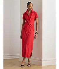 Lauren Ralph Lauren Stretch Silky Cotton Point Collar Short Sleeve Midi Shirtdress