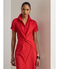 Lauren Ralph Lauren Stretch Silky Cotton Point Collar Short Sleeve Midi Shirtdress