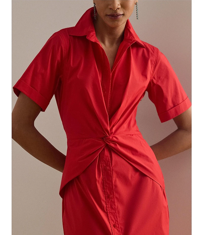 Lauren Ralph Lauren Stretch Silky Cotton Point Collar Short Sleeve Midi Shirtdress