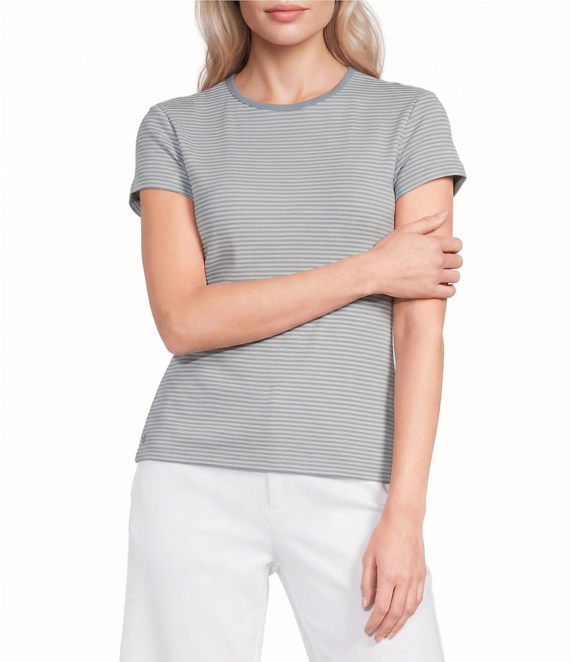 Lauren Ralph Lauren Stretch Stripe Ribbed Knit Stripe Crew Neck Short Sleeve Tee Shirt