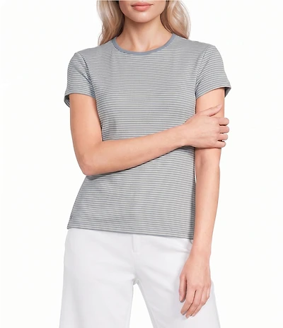 Lauren Ralph Lauren Stretch Stripe Ribbed Knit Stripe Crew Neck Short Sleeve Tee Shirt