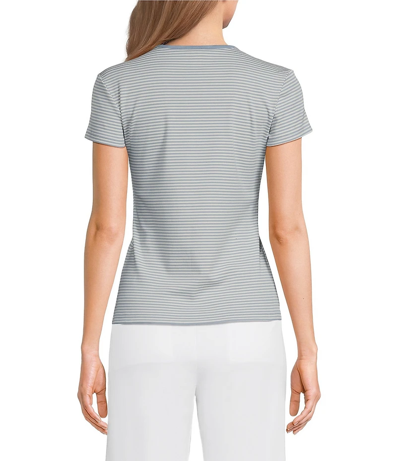 Lauren Ralph Lauren Stretch Stripe Ribbed Knit Stripe Crew Neck Short Sleeve Tee Shirt