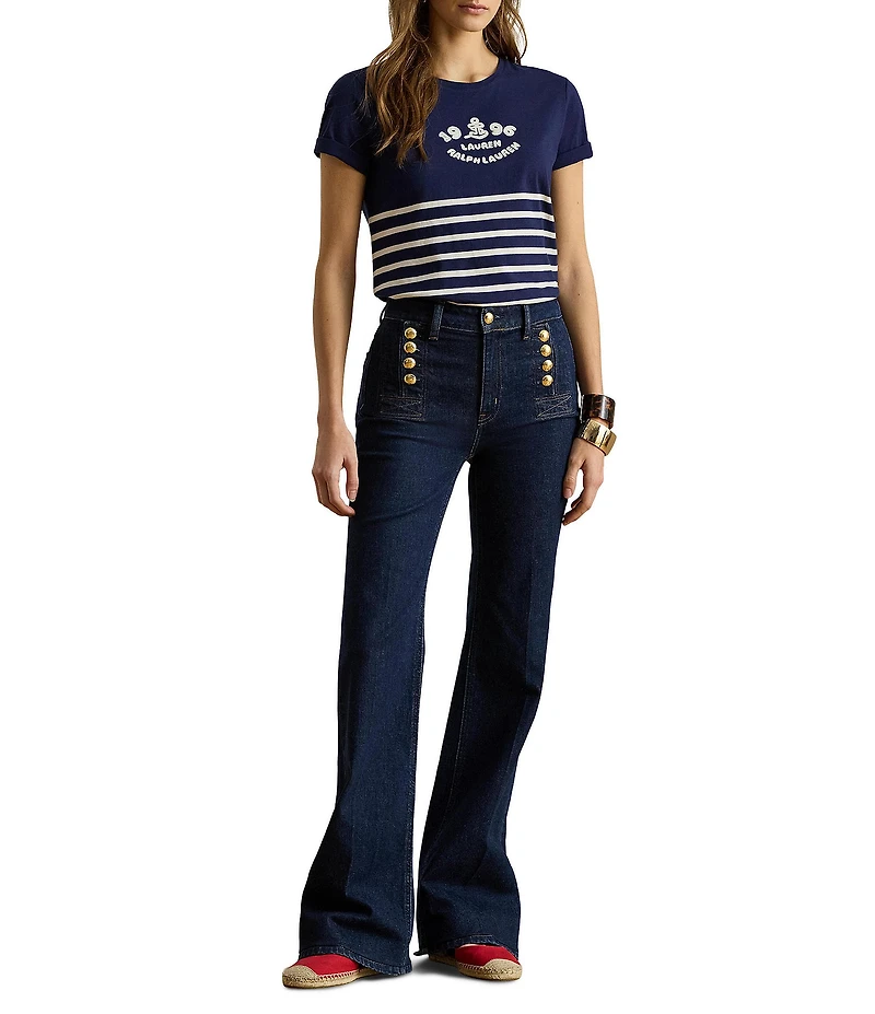 Lauren Ralph Lauren Stripe Embroidered Logo Jersey Tee
