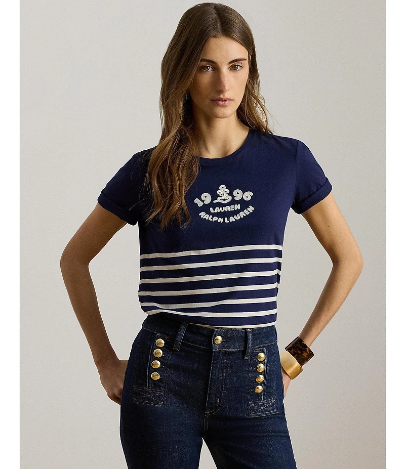 Lauren Ralph Lauren Stripe Embroidered Logo Jersey Tee