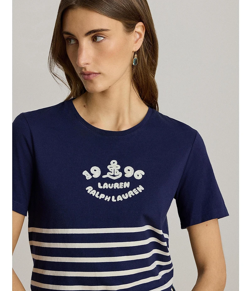 Lauren Ralph Lauren Stripe Embroidered Logo Jersey Tee