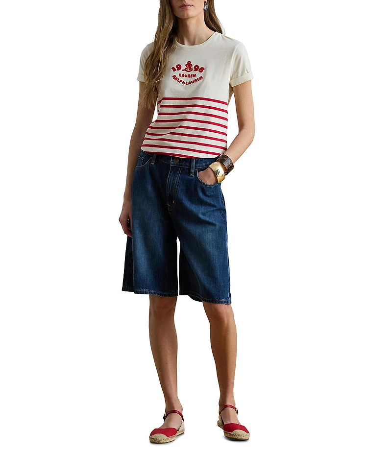 Lauren Ralph Lauren Stripe Embroidered Logo Jersey Tee