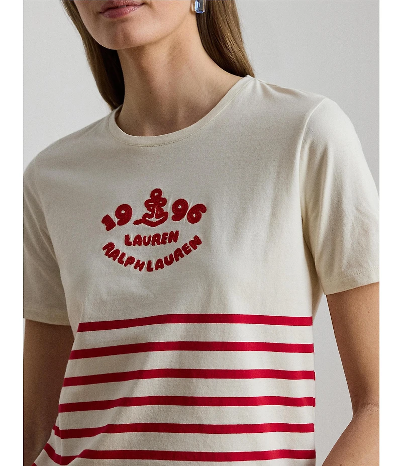Lauren Ralph Lauren Stripe Embroidered Logo Jersey Tee
