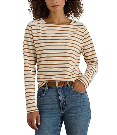 Lauren Ralph Lauren Stripe Jersey Knit Snap Trim Boatneck Top