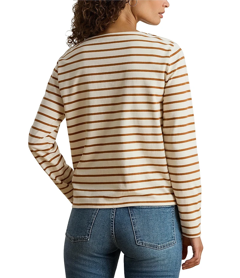 Lauren Ralph Lauren Stripe Jersey Knit Snap Trim Boatneck Top