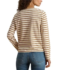 Lauren Ralph Lauren Stripe Jersey Knit Snap Trim Boatneck Top