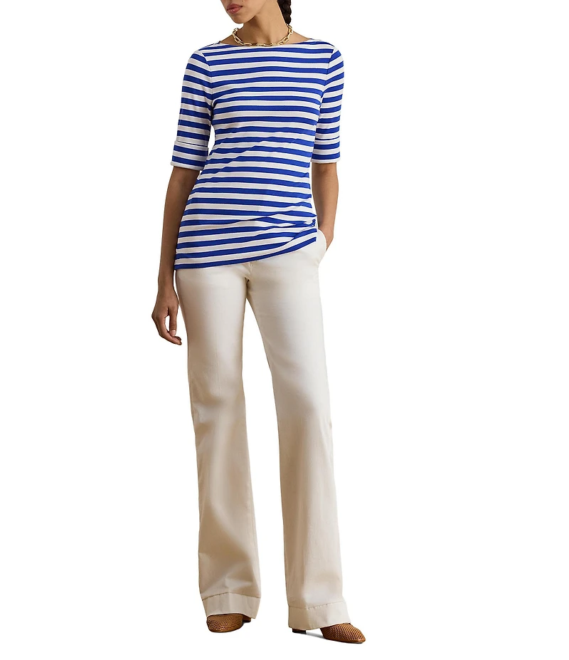 Lauren Ralph Lauren Stripe Knit Stretch Cotton Boat Neck Elbow Length Sleeve Tee