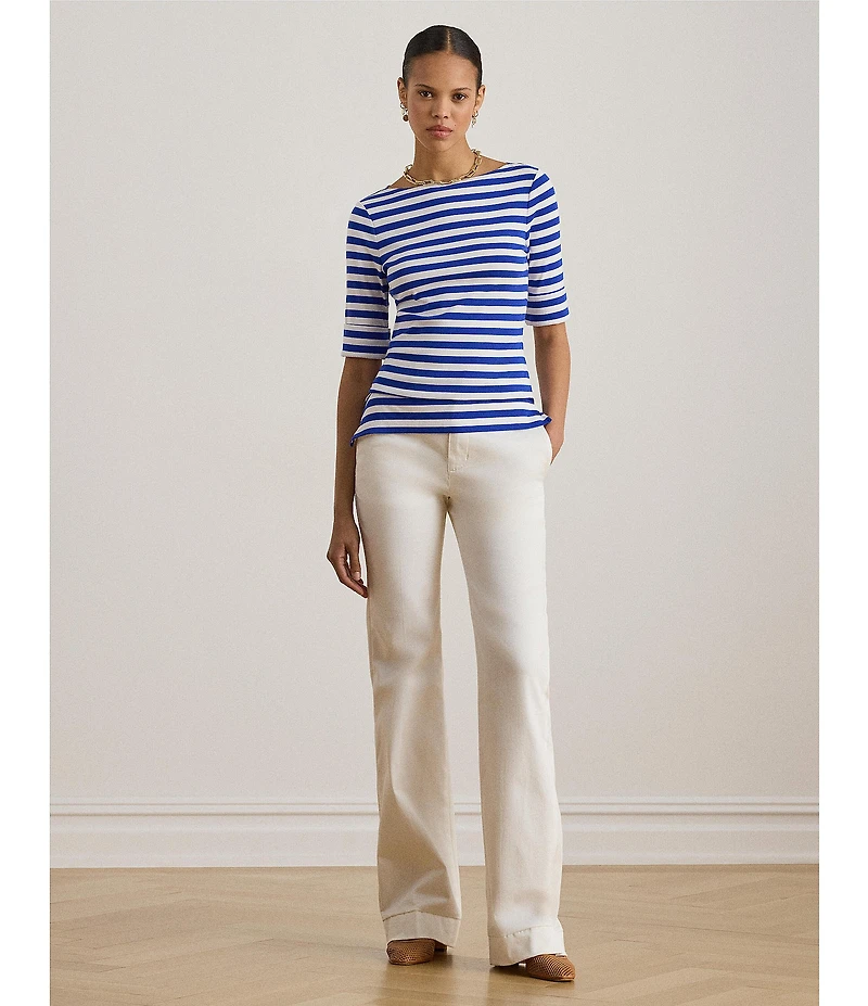 Lauren Ralph Lauren Stripe Knit Stretch Cotton Boat Neck Elbow Length Sleeve Tee