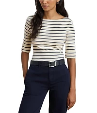 Lauren Ralph Lauren Stripe Knit Stretch Cotton Boat Neck Elbow Length Tee