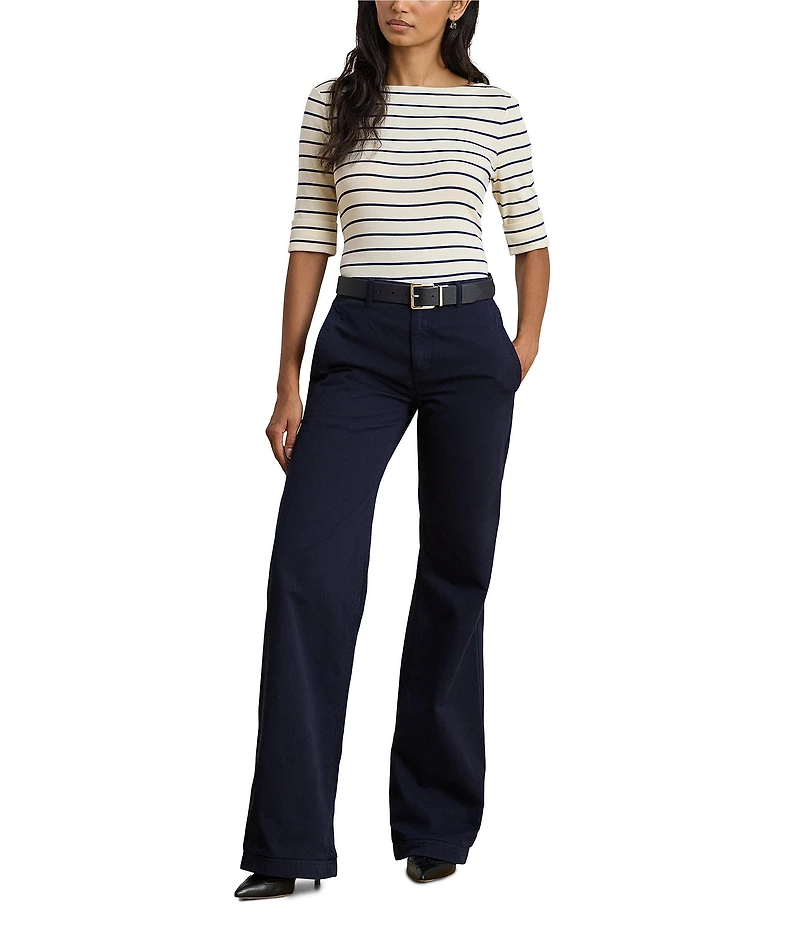 Lauren Ralph Lauren Stripe Knit Stretch Cotton Boat Neck Elbow Length Tee