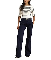 Lauren Ralph Lauren Stripe Knit Stretch Cotton Boat Neck Elbow Length Tee