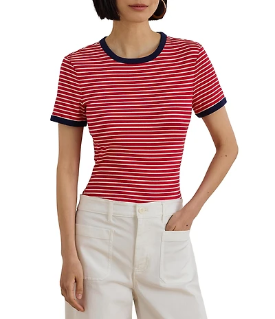 Lauren Ralph Lauren Stripe Knit Stretch Cotton Crew Neckline Short Sleeve Tee