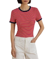 Lauren Ralph Lauren Stripe Knit Stretch Cotton Crew Neckline Short Sleeve Tee