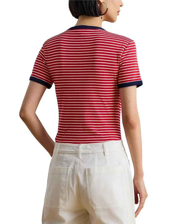 Lauren Ralph Lauren Stripe Knit Stretch Cotton Crew Neckline Short Sleeve Tee