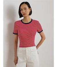 Lauren Ralph Lauren Stripe Knit Stretch Cotton Crew Neckline Short Sleeve Tee