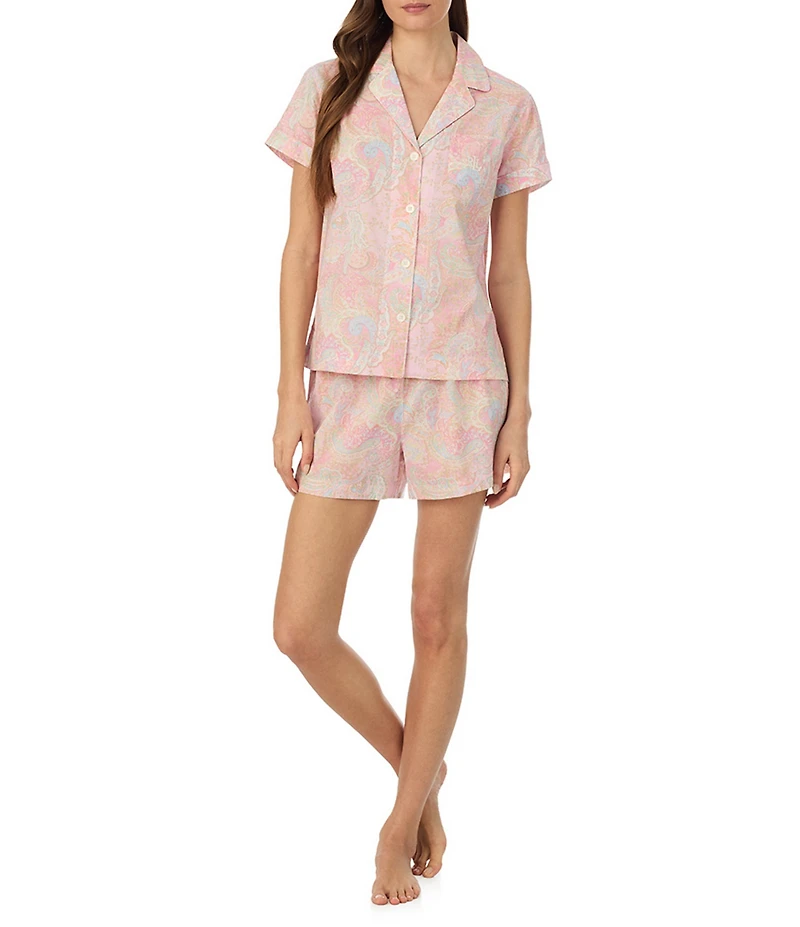 Lauren Ralph Lauren Stripe Paisley Short Sleeve Notch Collar Woven Shorty Pajama Set
