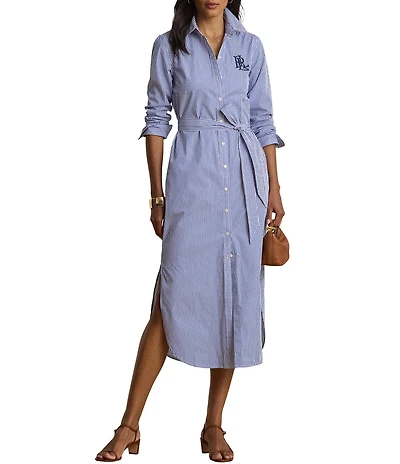 Lauren Ralph Lauren Stripe Point Collar Long Sleeve Midi Length Shirt Dress