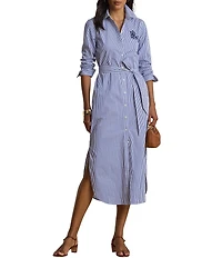 Lauren Ralph Lauren Stripe Point Collar Long Sleeve Midi Length Shirt Dress