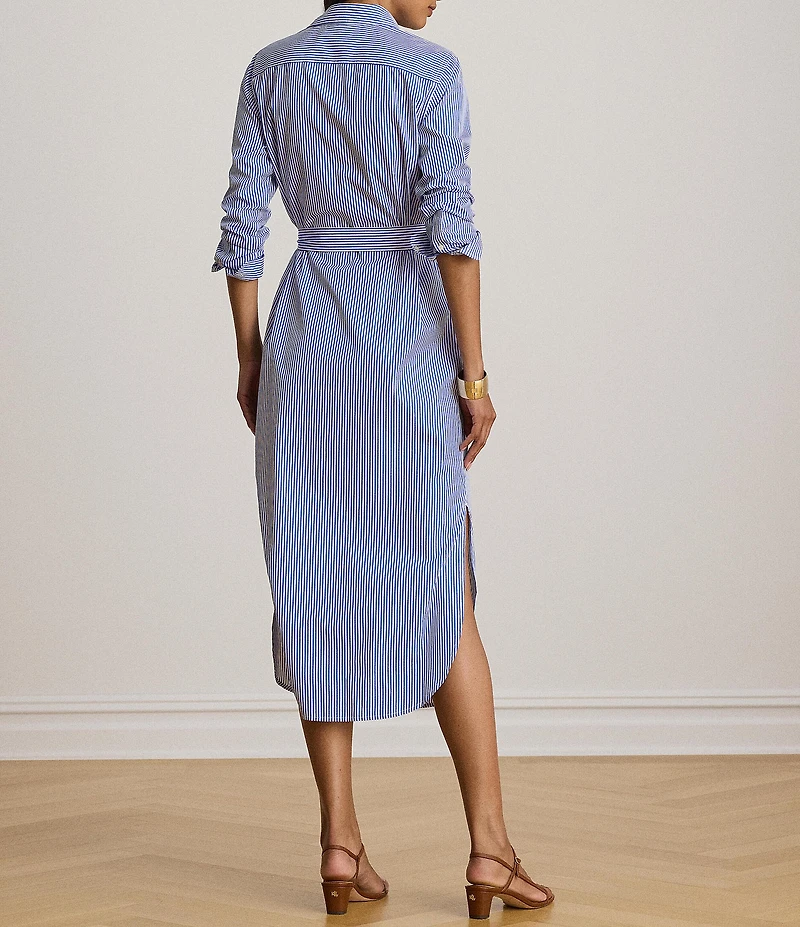 Lauren Ralph Lauren Stripe Point Collar Long Sleeve Midi Length Shirt Dress